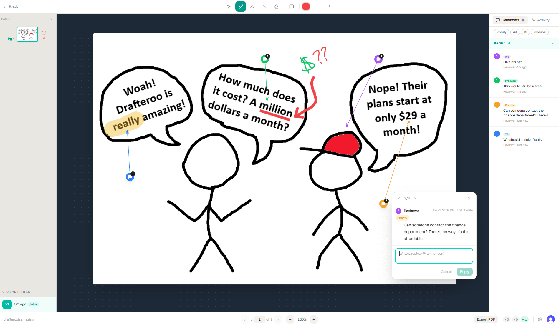 Reviewing a PDF in Drafteroo — drawn markup, highlights, and threaded comments pinned to the page